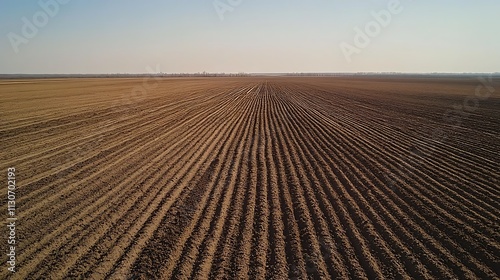 Rows of freshly tilled soil in a large field, emphasizing the preparation process for planting crops. 
