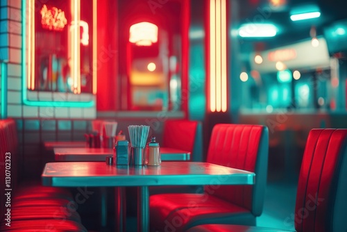 Retro american diner interior with vibrant neon lighting and cozy booth seating.
