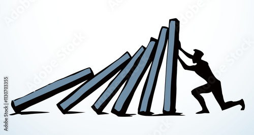 A man stops falling dominoes. Vector drawing