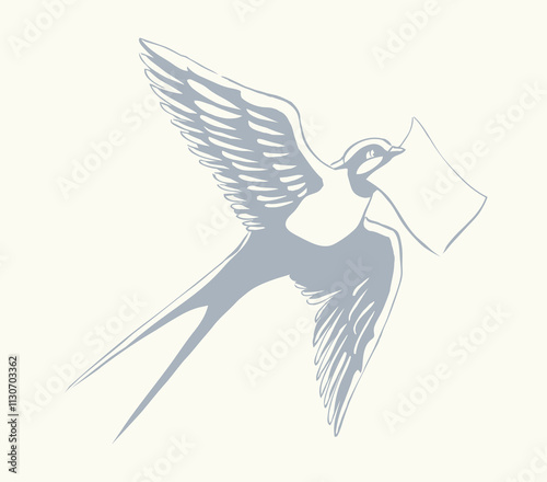 Swallow with paper card. Vector drawing