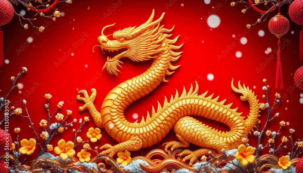 Fototapeta premium A detailed golden dragon depicted on a vibrant red background surrounded by festive ornaments, symbolizing prosperity and cultural richness.