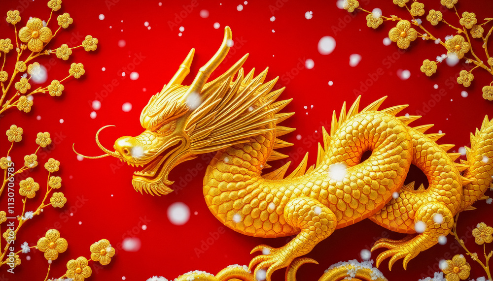 Fototapeta premium A detailed golden dragon depicted on a vibrant red background surrounded by festive ornaments, symbolizing prosperity and cultural richness.