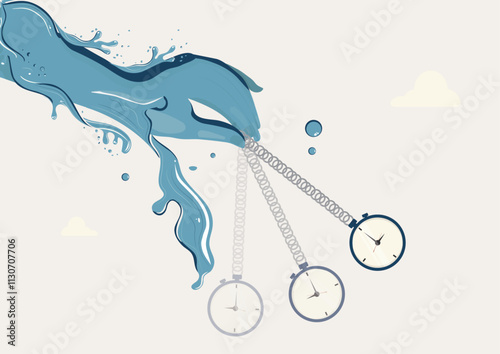 Water Hand and Swinging Clocks. Illustration of a water hand swinging a watch, symbolizing water conservation. World water day. Environment day illustration. Water vector flat design. Water hand