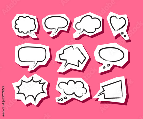 Hand drawn speech bubbles. Grunge isolated social media stickers. Paper clippings. Editable elements