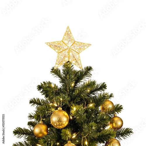 The Beautiful Christmas tree and  balls,  golden star isolated on white background