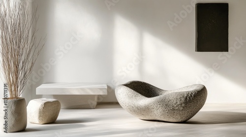 Minimalist Interior Design with Stone Sculpture
