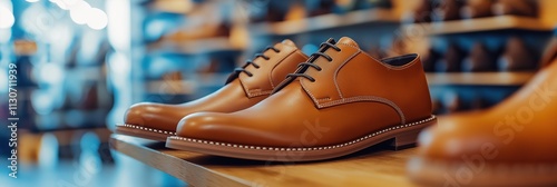 A pair of brown shoes are displayed on a wooden shelf. The shoes are well-made and appear to be of high quality. The display is organized and visually appealing