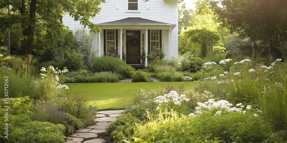Fototapeta premium A white house with a porch and a path leading to it. The path is lined with flowers and bushes
