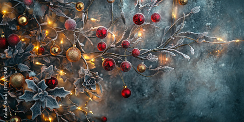 A close-up of frosted pine branches adorned with small red ornaments and falling snowflakes, with soft bokeh in the background. Perfect for festive holiday themes and winter designs with copy space.

