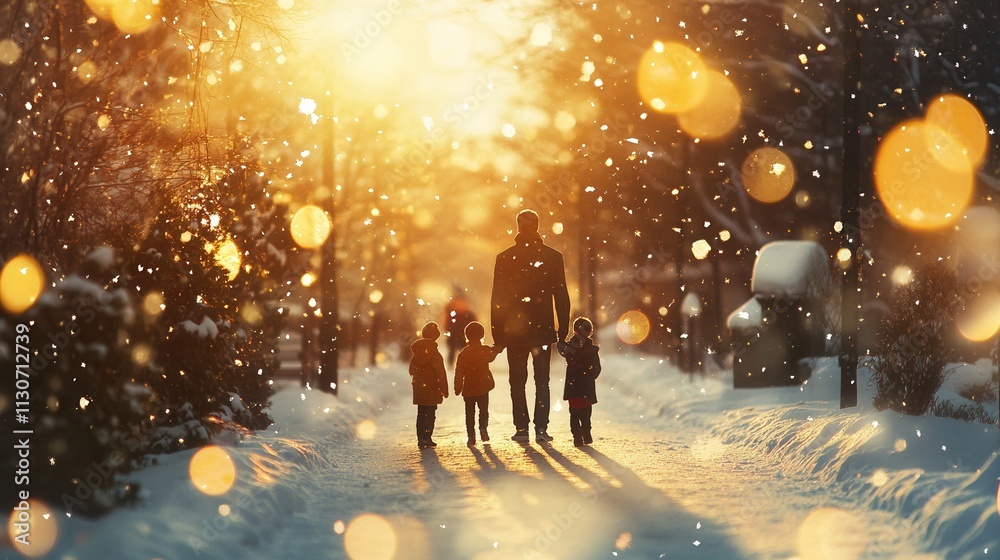 Obraz premium Winter Wonderland Family Stroll: A Snowy Sunset Walk