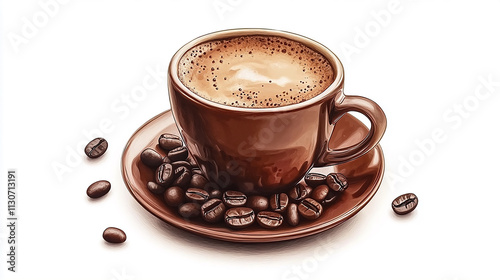 a cup of coffee with coffee beans on white background