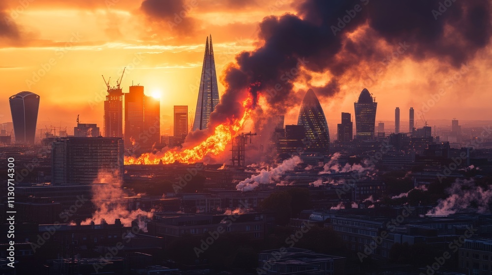 Fototapeta premium Dramatic Urban Fire Scene at Sunset with Skyscrapers and Smoke Filling the Sky