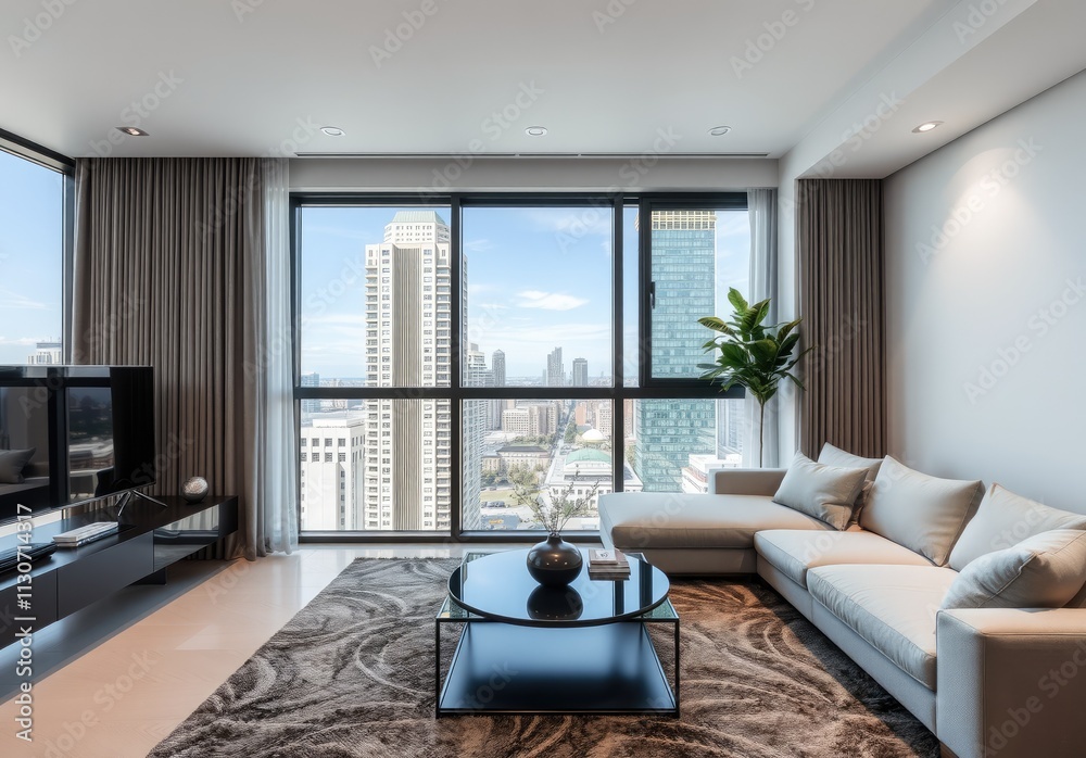 Fototapeta premium Minimalist apartment with city view. Interior design of modern living room