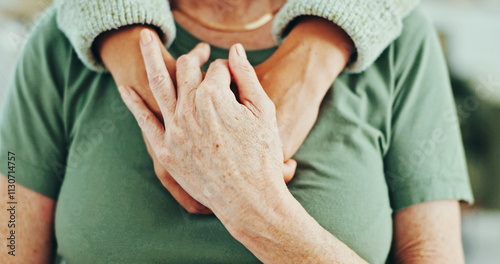 Obraz na plátně Support, hug and holding hands with senior mother for love, care and connection with woman in family home