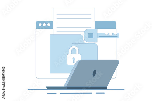 Privacy protection concept, using cyber security services to protect documents and personal data. Cloud based shared documents, secure files and folders. Flat Cartoon Vector Illustration on background