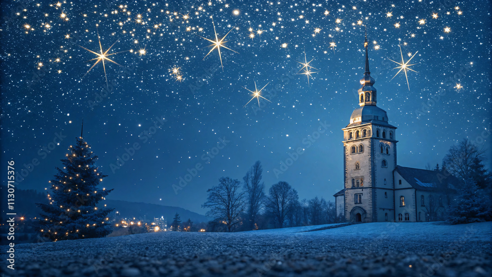Fototapeta premium A snowy field and a glowing chapel tower under a blanket of bright stars, capturing winter's serene beauty and festive spirit