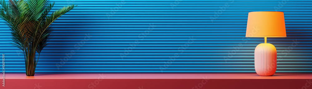 Obraz premium vibrant interior featuring colorful lamp and plant against striped blue wall. design exudes modern aesthetics and warmth