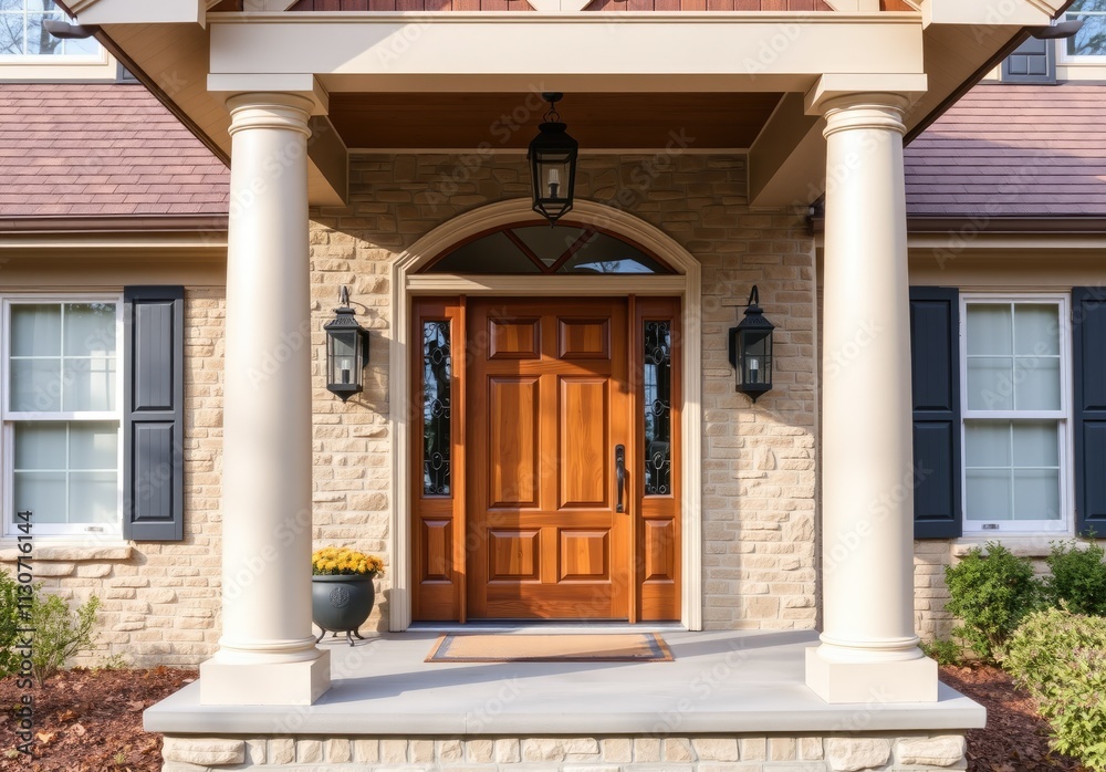 Fototapeta premium Main entrance door in house. Wooden front door with gabled porch and landing. Exterior of georgian style home cottage with columns and stone cladding