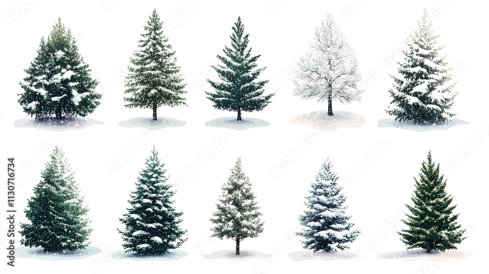 Obraz premium Snowy Pine Trees Isolated on White Background, Winter Landscape