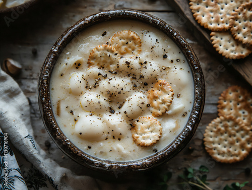 A traditional New England clam chowder in a rustic ceramic bowl, topped with oyster crackers and freshly ground black pepper, placed on a weathered wooden table with a sea-themed napkin, photo