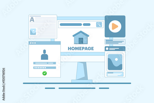 Homepage concept, web page design on laptop. working on website homepage development, optimization and setup. Modern flat cartoon style. Vector illustration on background.
