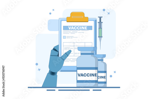 global vaccination preparation concept against the virus. Vaccine ready for clinical trials. Immunization campaign concept. Flat cartoon vector illustration with icons.