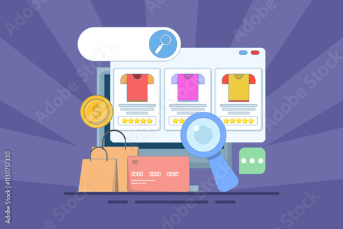E-commerce SEO concept, products added to search engine results page, Online shopping, internet e-commerce web store, search products online, business e-commerce SEO concept. vector illustration.