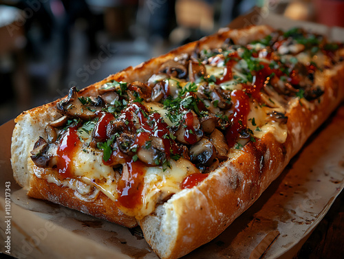 A traditional Polish zapiekanka with melted cheese, mushrooms, and ketchup on a baguette, served on a paper tray, captured at a vibrant street market scene, warm and indulgent photo