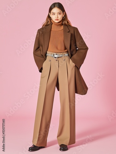 Fashionable woman in brown coat and chic trousers photo