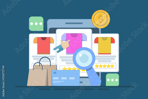 E-commerce SEO concept, products added to search engine results page, Online shopping, internet e-commerce web store, search products online, business e-commerce SEO concept. vector illustration.