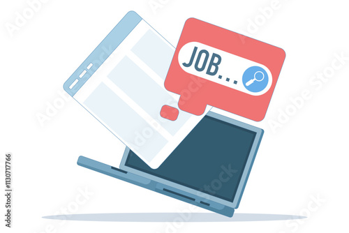 Concept of Online job search on website, web page with job alerts. Search vacancies in search bar. Career, find opportunities, job positions. Online recruitment service. Flat vector illustration.