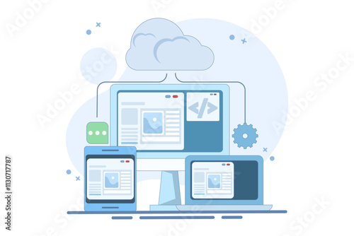 Cloud based web hosting concept, Website hosted on cloud server, Backup file upload technology on cloud server storage. Cloud hosting for websites and applications, Flat vector illustration.