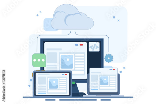 Cloud based web hosting concept, Website hosted on cloud server, Backup file upload technology on cloud server storage. Cloud hosting for websites and applications, Flat vector illustration.