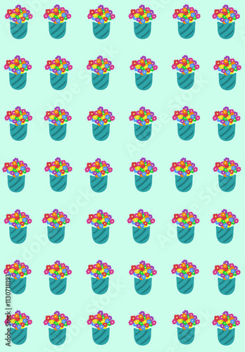 seamless pattern with minimalist flower vases on light green background 