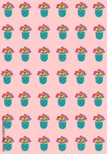 seamless pattern with minimalist flower vases on light red background 