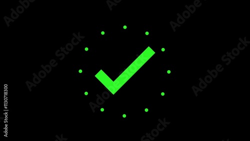Burst animated green checkmark on black background. Burst motion graphic element