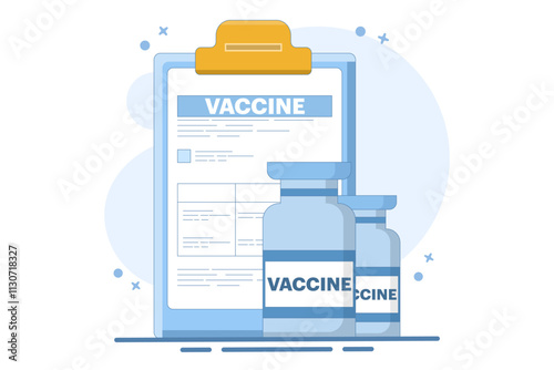 global vaccination preparation concept against the virus. Vaccine ready for clinical trials. Immunization campaign concept. Flat cartoon vector illustration with icons.