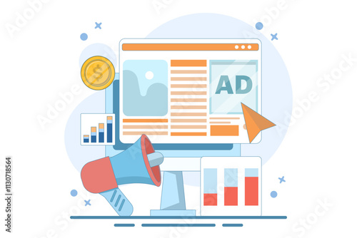 Website advertising campaign concept, website promotion with digital ad networks, brand marketing, online brand awareness campaign, digital marketing, flat vector illustration.