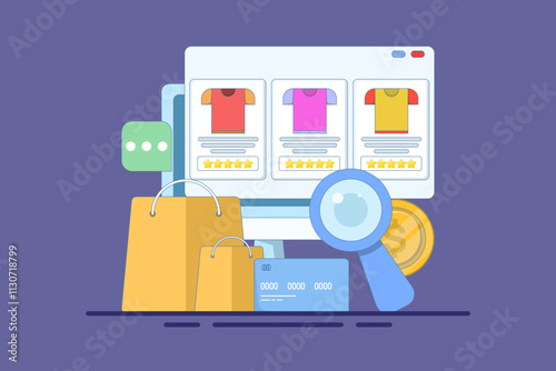 E-commerce SEO concept, products added to search engine results page, Online shopping, internet e-commerce web store, search products online, business e-commerce SEO concept. vector illustration.