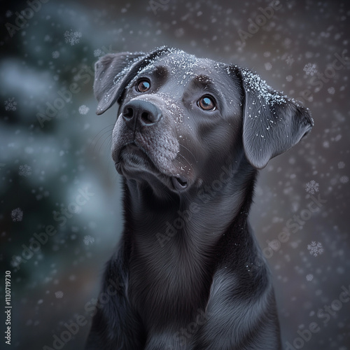 A close-up of a Great Dane’s face with snow on its nose and fur, soft focus on the snowy background, gentle natural lighting emphasizing the dog’s expression and textured fur photo