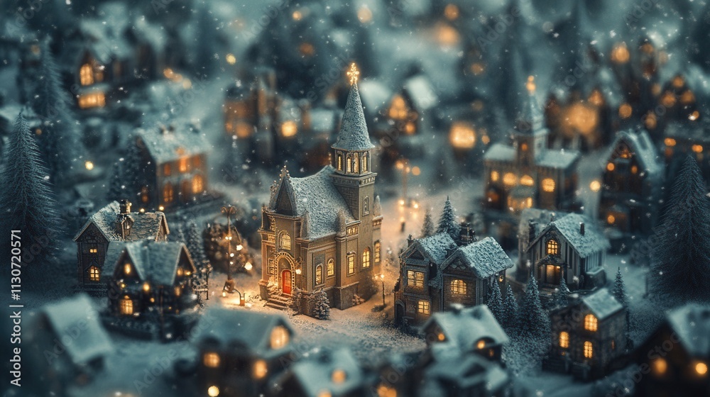 Obraz premium Enchanted Winter Village: A Miniature Christmas Town Under Falling Snow