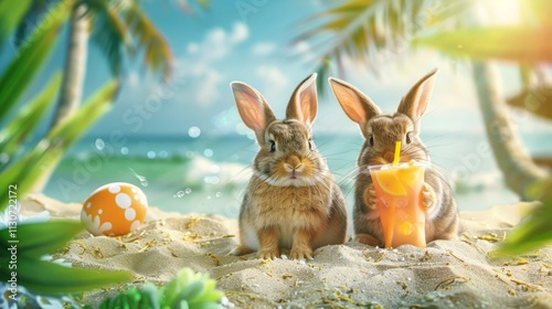 Two cute bunnies drinking from orange cups on a beach, one smaller with pink nose and one larger with white nose, set against a tropical seascape backdrop.
