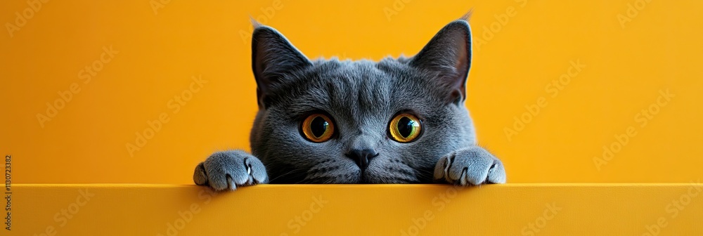 Fototapeta premium Bright-eyed gray cat peers over yellow divider.