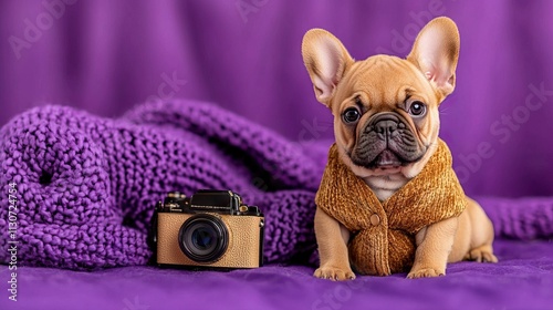 Cute puppy with a camera and purple blanket photo