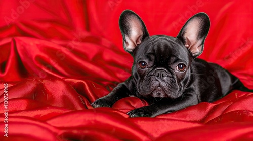 Black dog on textured red fabric, eye-catching pose photo