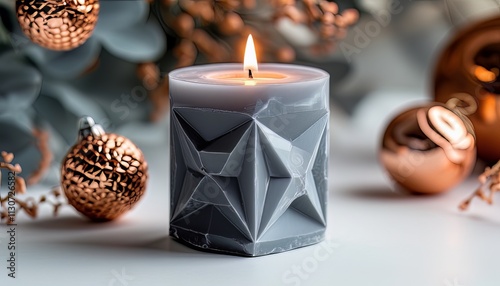 Minimalistic gray geometric candle with copper accents for a sleek and contemporary design. photo