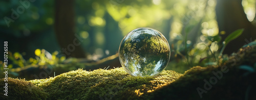 Mondo di vetro appoggiato nell'erba. Foresta. ESG e sostenibilità. Crescita sostenibile.