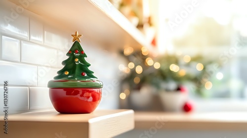 Festive ceramic Christmas tree ornament on shelf.