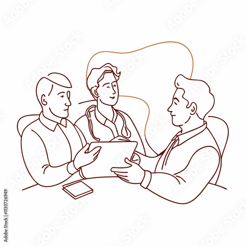 Line Drawing of Men Talking - Conceptual Line Art Vector Illustration