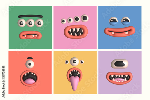 Cute Monster face set. Different expressions. Funny characters. Inflated, plasticine, clay cartoon 3D style. Hand drawn modern Vector illustration. Isolated design elements. Print, sticker templates